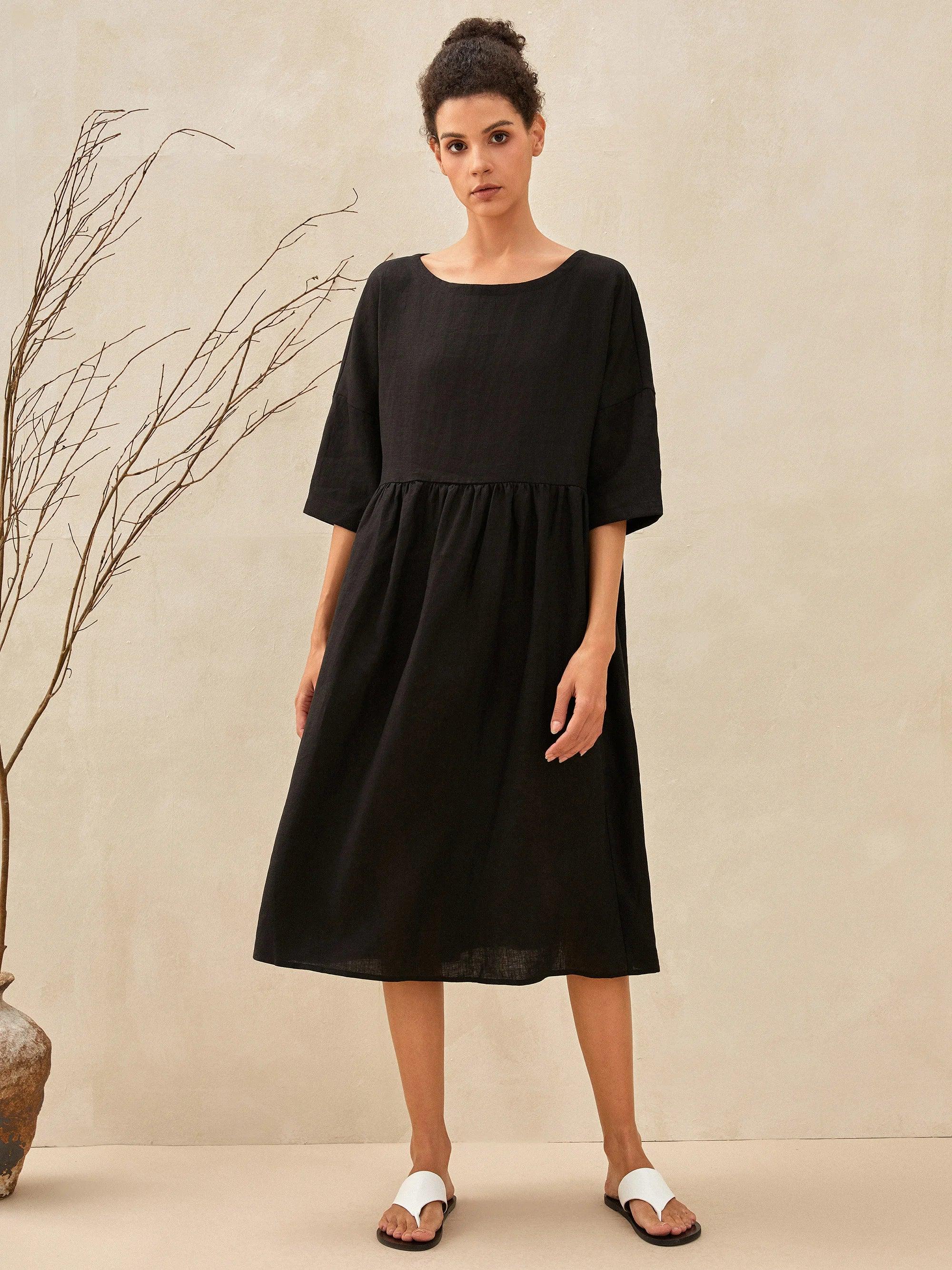 100% Linen A-Line Midi Dress VALENCIA - Charcoal Black / S - DRESSES-Linen
