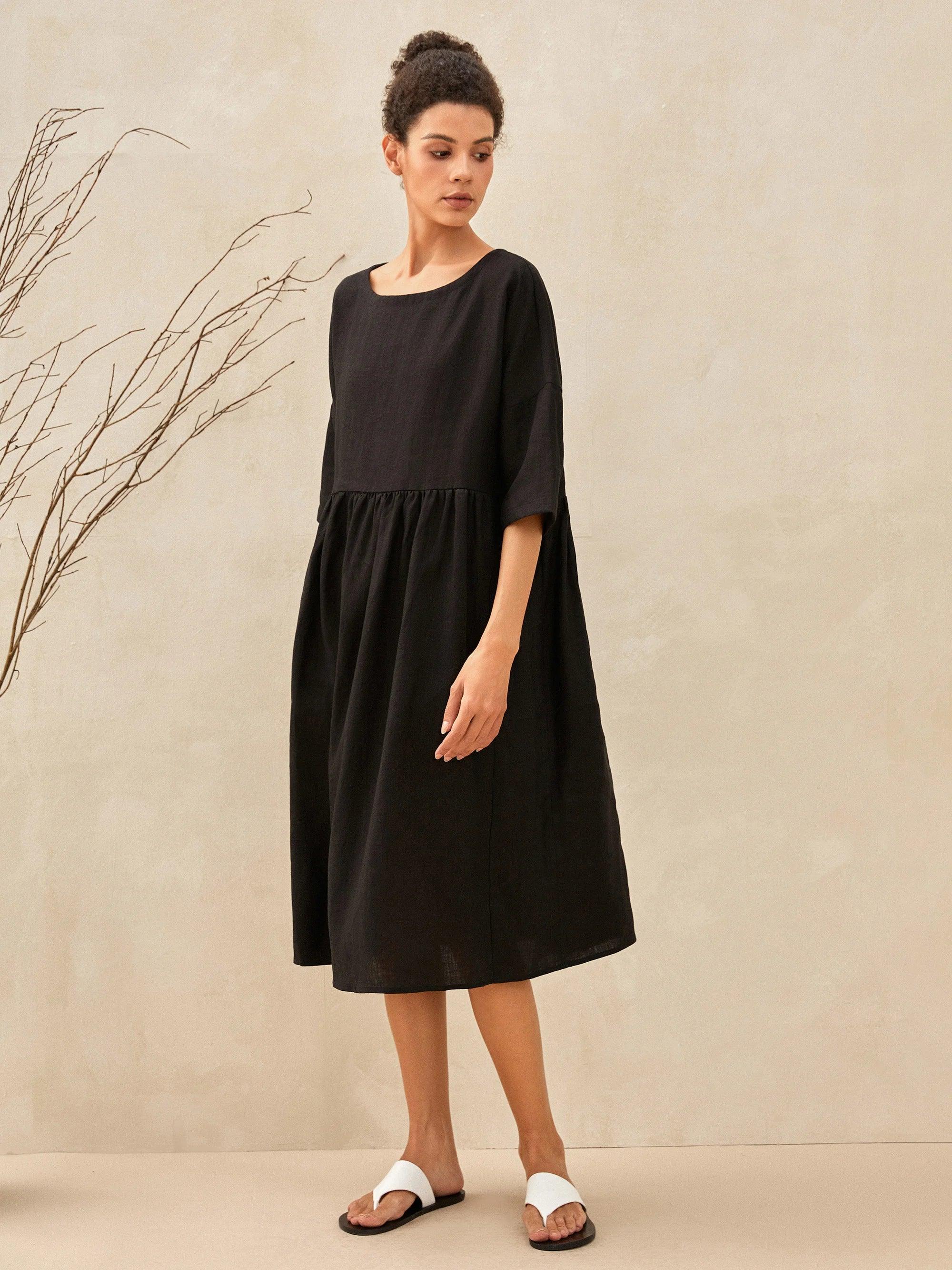 100% Linen A-Line Midi Dress VALENCIA - DRESSES-Linen