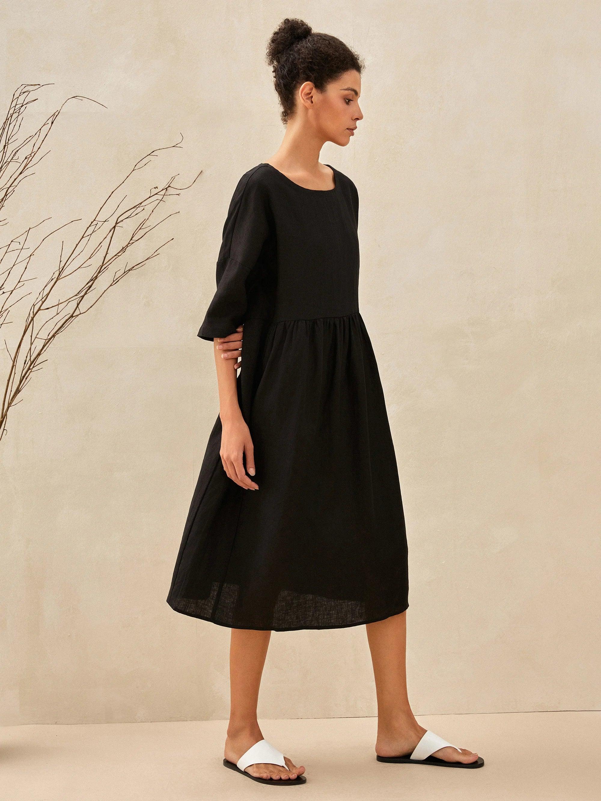 100% Linen A-Line Midi Dress VALENCIA - DRESSES-Linen