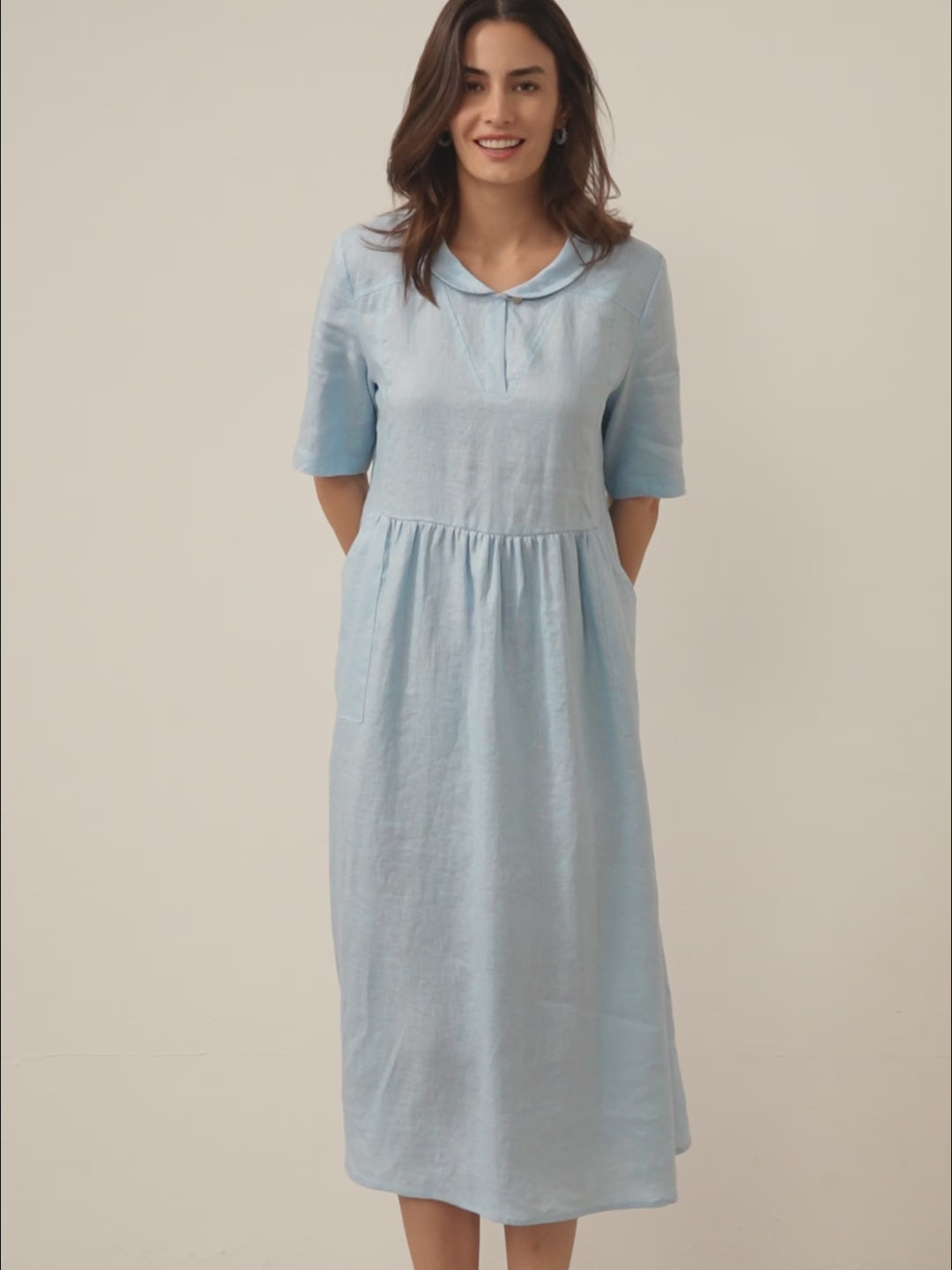 100% Linen Shawl V-Neck Pleated Maxi Dress