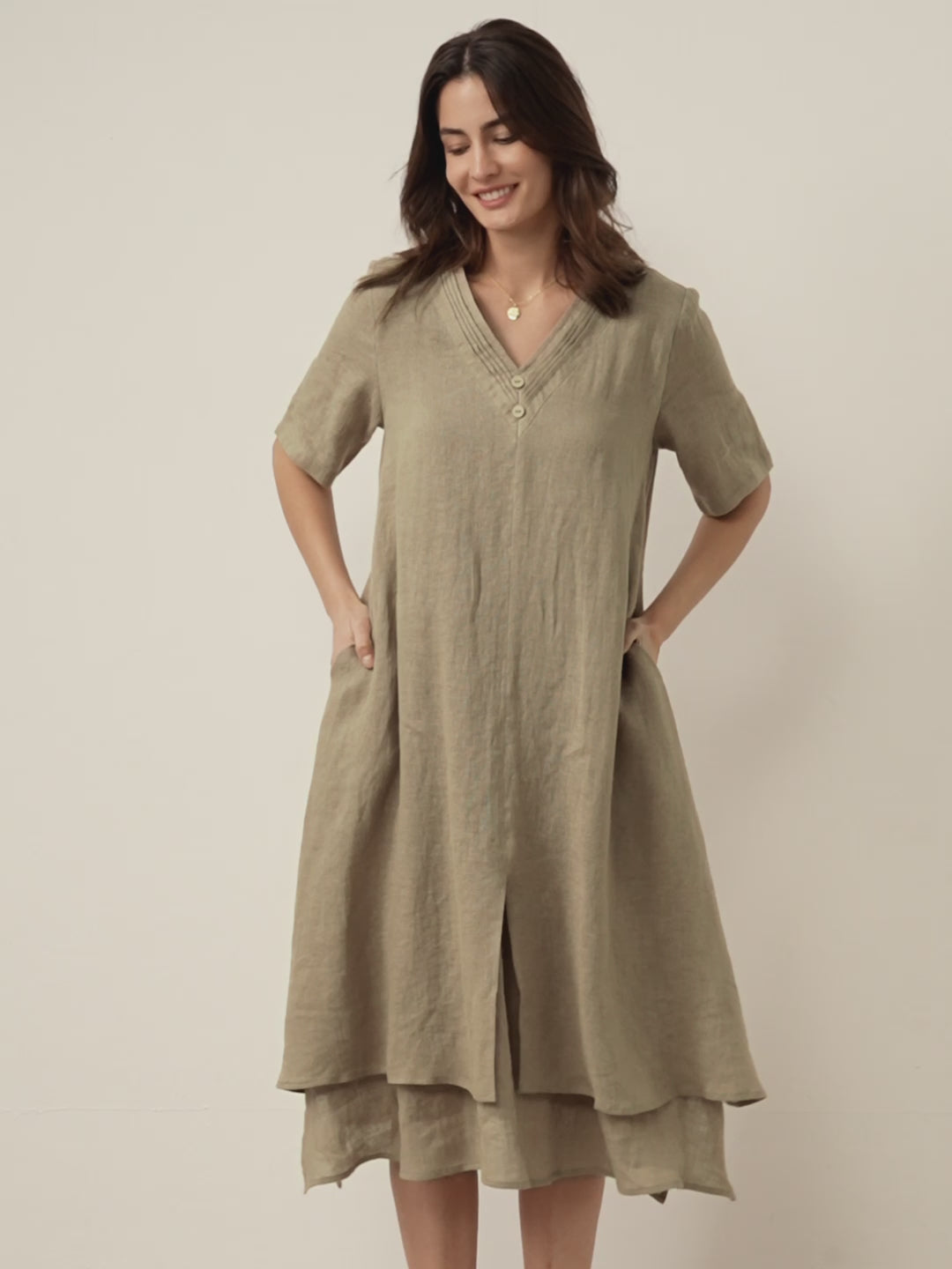100% Linen V-Neck Double-Layer Midi Dress JAYDA