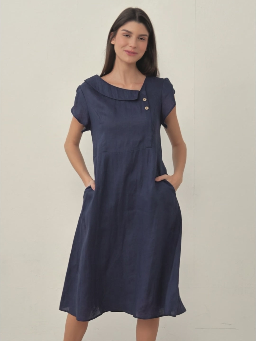 100% Linen Crescent Collar Flutter Sleeve Midi Dress Fiona