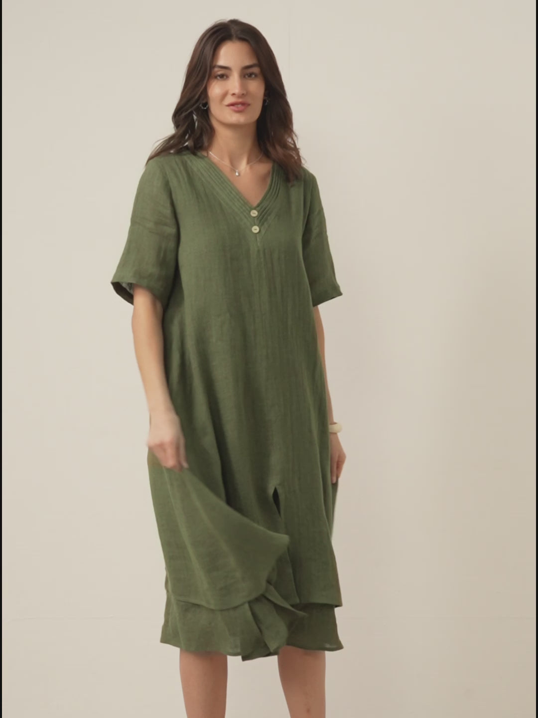 100% Linen V-Neck Double-Layer Midi Dress JAYDA